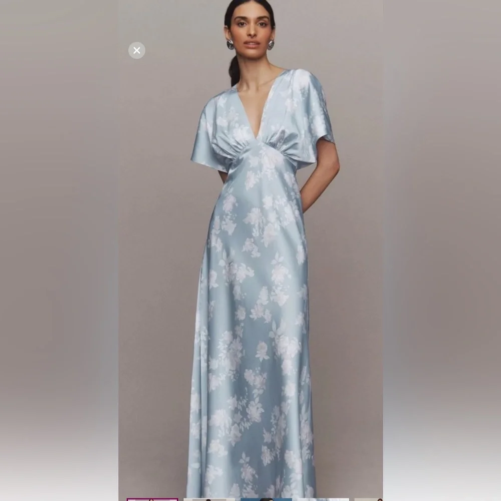 BHLDN Leila Blue Floral Maxi Dress 4 Deep V Flutter Sleeve Bridal Guest Shower - Picture 2 of 16